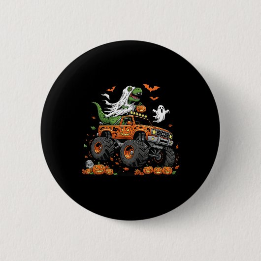Dinosaur T-rex Riding Monster Truck Halloween Men  缶バッジ (正面)