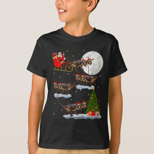 Dinosaur T-rex Santa Sleigh Flying Funny Magical C Tシャツ (正面)