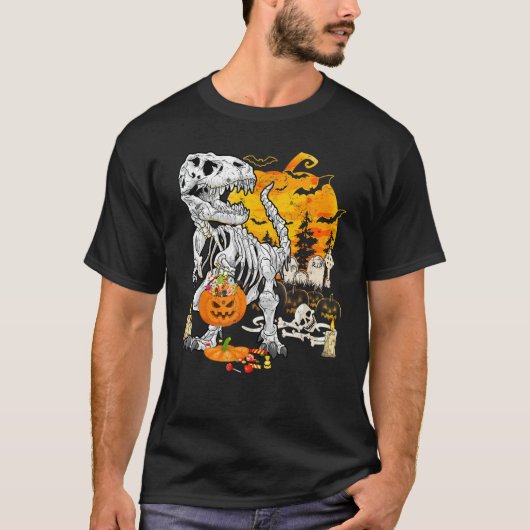 Dinosaur T Rex Skeleton Pumpkin Funny Halloween Co Tシャツ (正面)