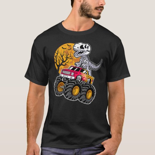 Dinosaur T Rex Skeleton Riding Monster Truck Boys  Tシャツ (正面)