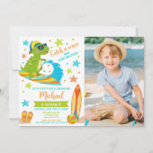 Dinosaur T-Rex Summer Beach Party Boy Birthday 招待状 (正面)