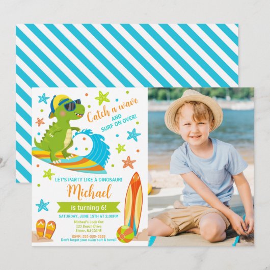Dinosaur T-Rex Summer Beach Party Boy Birthday 招待状 (正面/裏面)