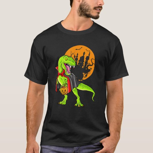 Dinosaur T Rex Vampire Halloween Candy Pumpkin Tシャツ (正面)