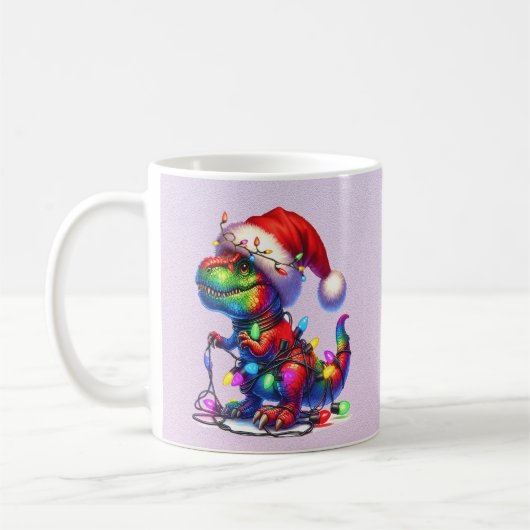 Dinosaur tangled up in fairy christms lights コーヒーマグカップ (左)