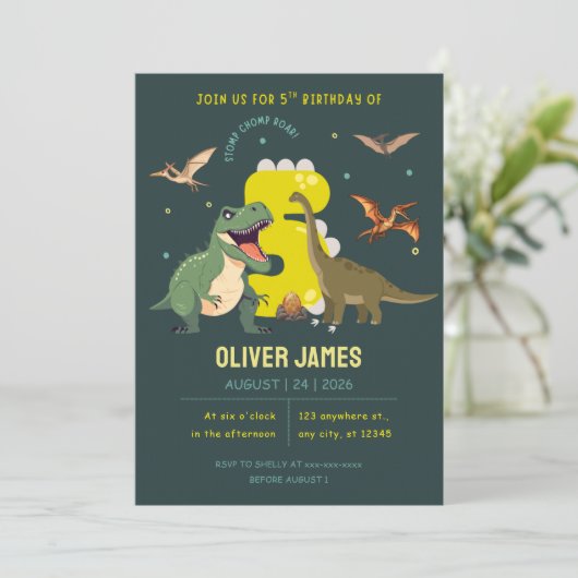 Dinosaur theme boy 5th birthday  招待状 (スタンド正面)