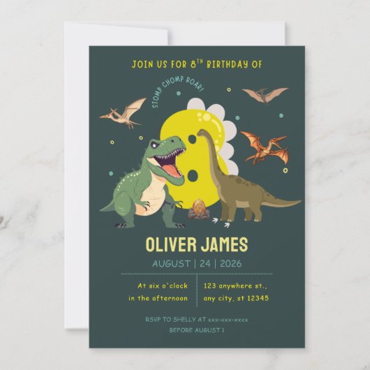 Dinosaur theme boy 8th birthday  招待状 (正面)