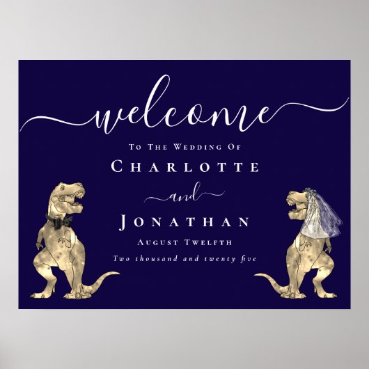 Dinosaur Theme Navy Blue Wedding Welcome Sign ポスター (正面)