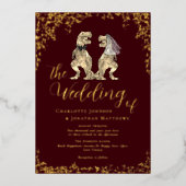 Dinosaur Theme Wedding Burgundy and Gold 箔招待状 (正面)