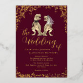Dinosaur Theme Wedding Burgundy Red and Gold 箔招待状 (正面)