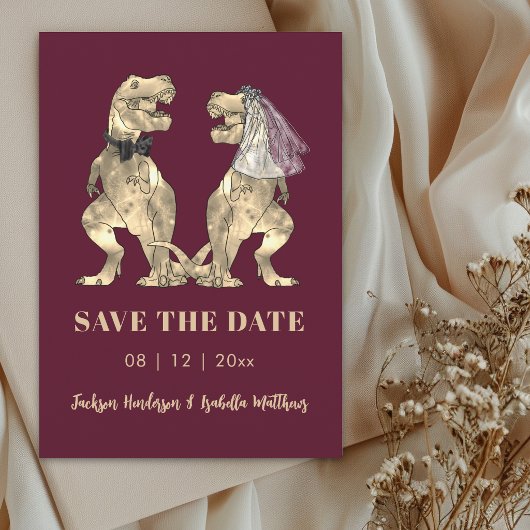 Dinosaur Themed Burgundy Wedding Save The Date セーブザデート