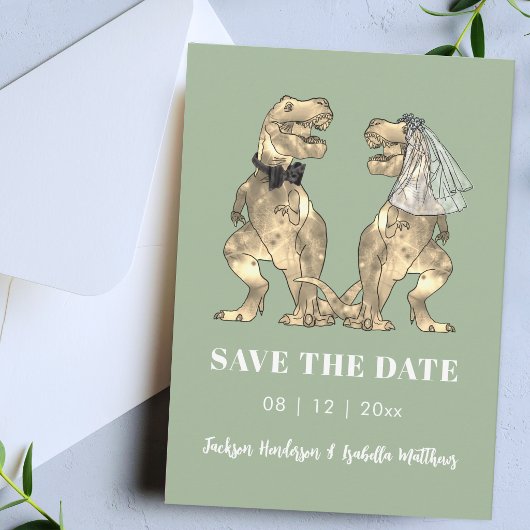 Dinosaur Themed Sage Green Wedding セーブザデート