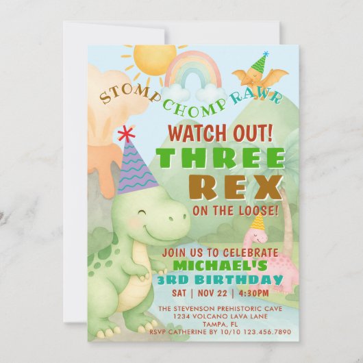 Dinosaur Themed Three Rex Birthday Party Boy 招待状 (正面)