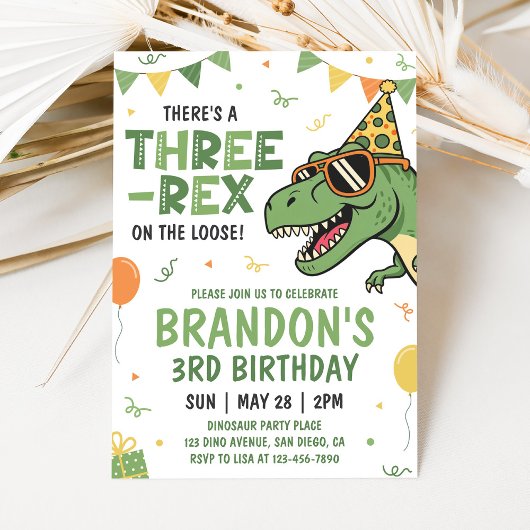 Dinosaur Three Rex 3rd Birthday Invitation 招待状