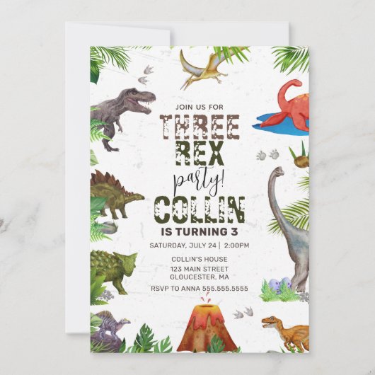 Dinosaur Three Rex 3RD Birthday Party 招待状 (正面)