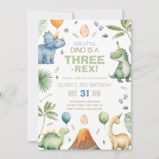 Dinosaur Three Rex 3rd Birthday Party 招待状 (正面)
