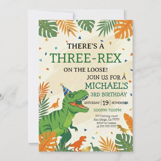 Dinosaur Three-Rex Boy's 3rd Birthday Party 招待状 (正面)
