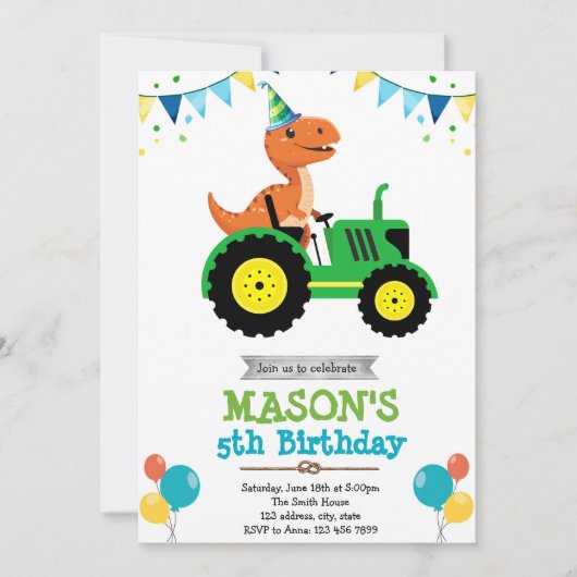 Dinosaur tractor birthday invitation 招待状 (正面)