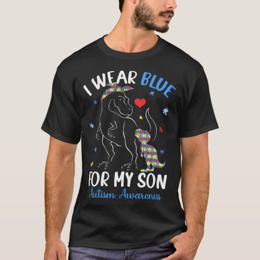 Dinosaur TRex I Wear Blue For My Son Autism Awaren Tシャツ (正面)
