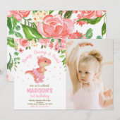 Dinosaur Tutu Ballerina Floral Photo Birthday  招待状 (正面/裏面)