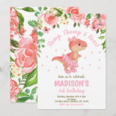 Dinosaur Tutu Ballerina Pink Floral Birthday 招待状 (正面/裏面)
