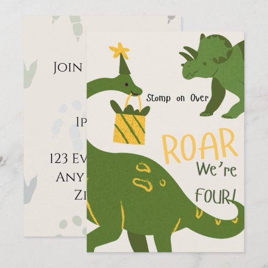 Dinosaur Twins 4th Birthday Invitations 招待状 (正面/裏面)