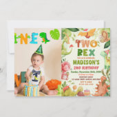 Dinosaur Two Rex Greenery 2nd Birthday Photo 招待状 (正面)