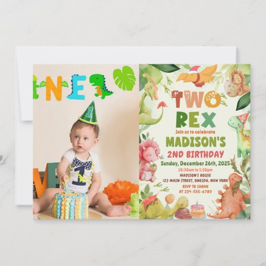 Dinosaur Two Rex Greenery 2nd Birthday Photo 招待状 (正面)