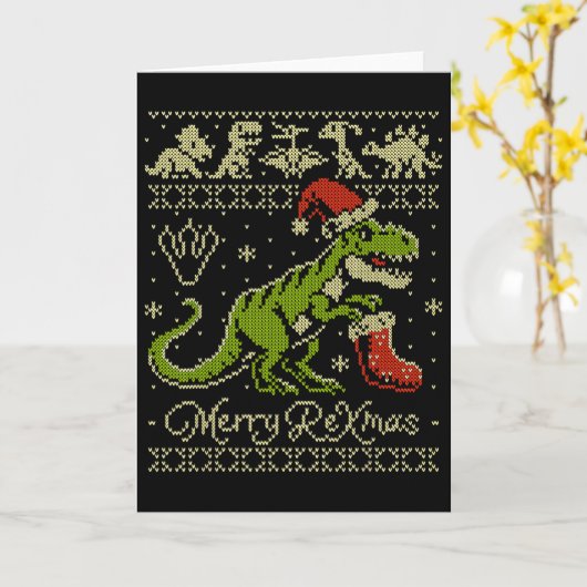Dinosaur Ugly Christmas Sweater - Funny Christmas  カード (黄色い花)