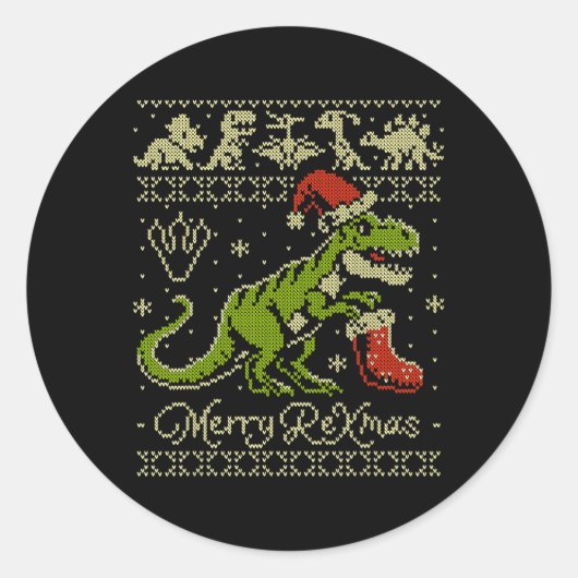 Dinosaur Ugly Christmas Sweater - Funny Christmas  ラウンドシール (正面)