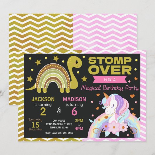Dinosaur & Unicorn Joint Birthday Invitation 招待状 (正面/裏面)