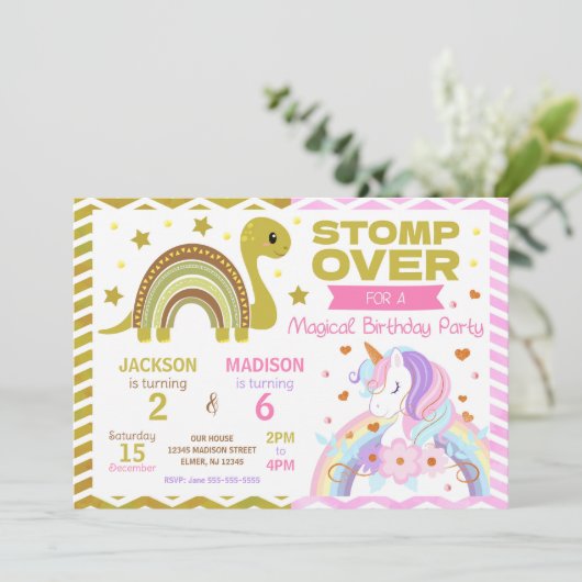 Dinosaur & Unicorn Joint Birthday Invitation 招待状 (スタンド正面)