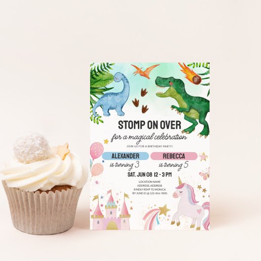 Dinosaur & Unicorn Joint Kids Birthday 招待状
