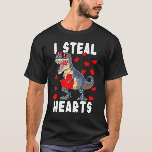 Dinosaur Valentines Day I Steal Hearts Rex Love Tシャツ (正面)