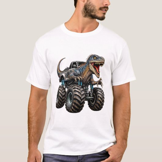 Dinosaur Velociraptor Monster Truck Tシャツ (正面)