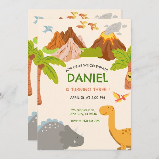 Dinosaur Volcano Birthday Party 招待状 (正面/裏面)