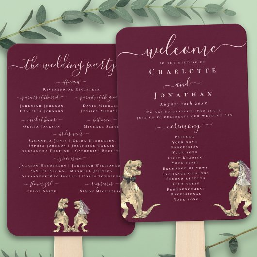 Dinosaur Wedding Ceremony Burgundy Wine Blush Pink ハンドファン
