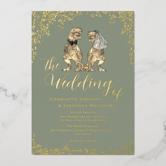 Dinosaur Wedding Sage Green and Gold 箔招待状 (正面)