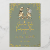 Dinosaur Wedding Save the Date Sage Green Gold 箔招待状 (正面)