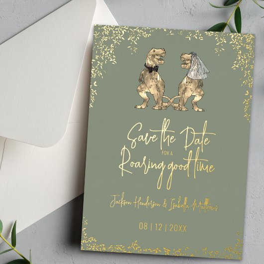 Dinosaur Wedding Save the Date Sage Green Gold 箔招待状