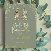 Dinosaur Wedding Save the Date Sage Green Gold 箔招待状