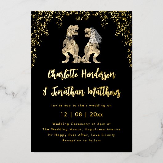Dinosaur Wedding T-Rex Bride & Groom Black & Gold  箔招待状 (正面)