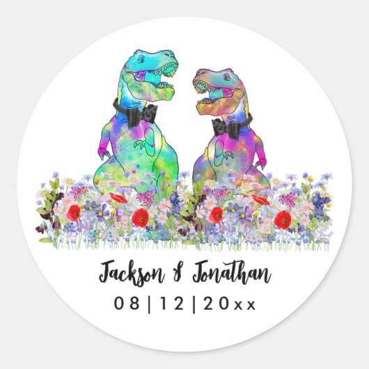 Dinosaur Wildflower Gay Wedding ラウンドシール (正面)