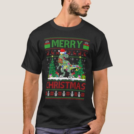 Dinosaur Xmas Tree Light Ugly Santa Dinosaur Chr Tシャツ (正面)