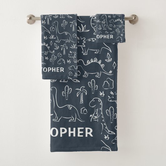 Dinosaurs Boy Name Dino Cute Jungle Dark Blue バスタオルセット (インサイチュ)