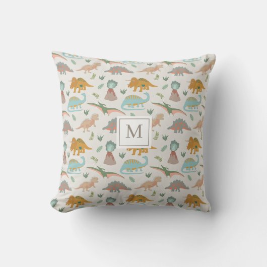 Dinosaurs Kids Hand Drawn Boho Dinosaur Monogram クッション (正面)