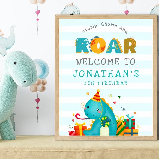 Dinosaurs Stomp Chomp and roar birhtday boy ポスター
