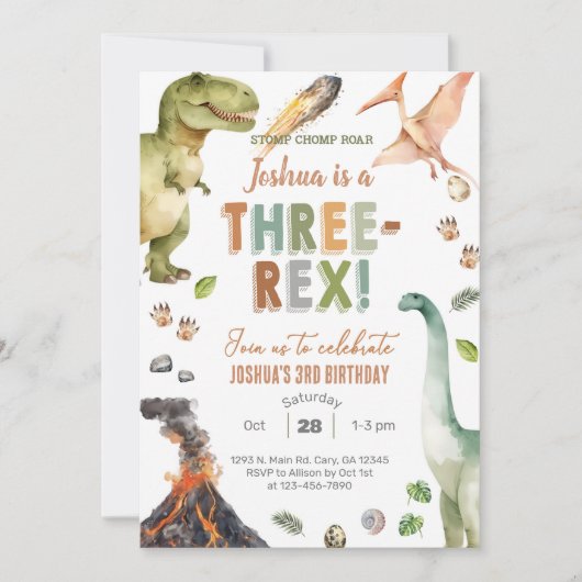 Dinosaurs Three-Rex boy 3rd birthday invite. 招待状 (正面)