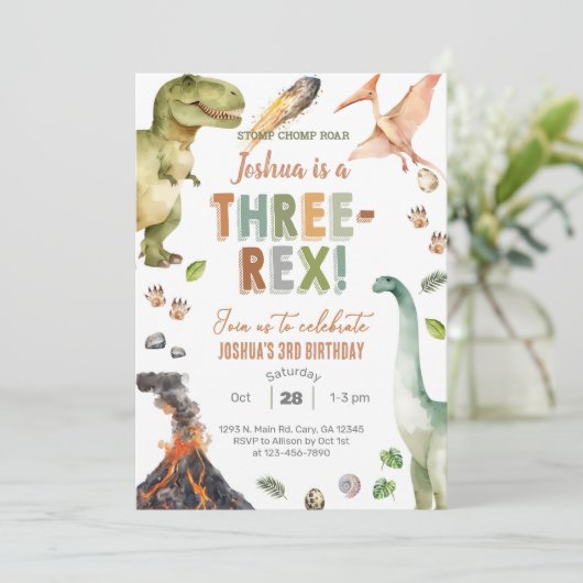Dinosaurs Three-Rex boy 3rd birthday invite. 招待状 (スタンド正面)