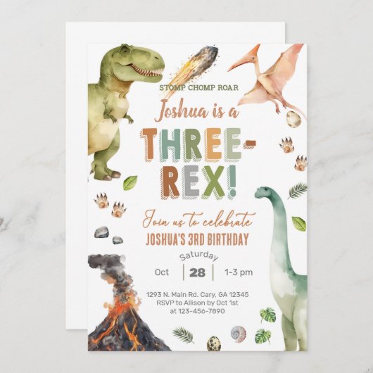 Dinosaurs Three-Rex boy 3rd birthday invite. 招待状 (正面/裏面)