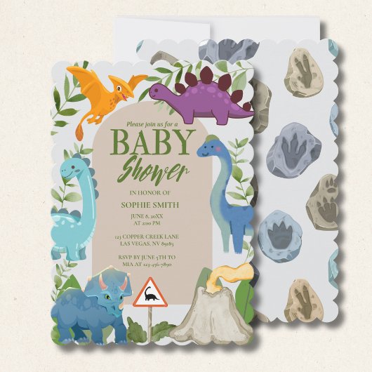 Dinosaurs, Volcano, T-Rex Baby Shower Theme 招待状